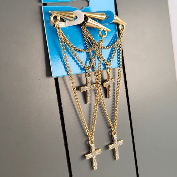 Gold-Tone Multi Cross Layered Chain Pierced Earrings 3.5" Rhinestones Edgy Punk - Picture 4 of 8